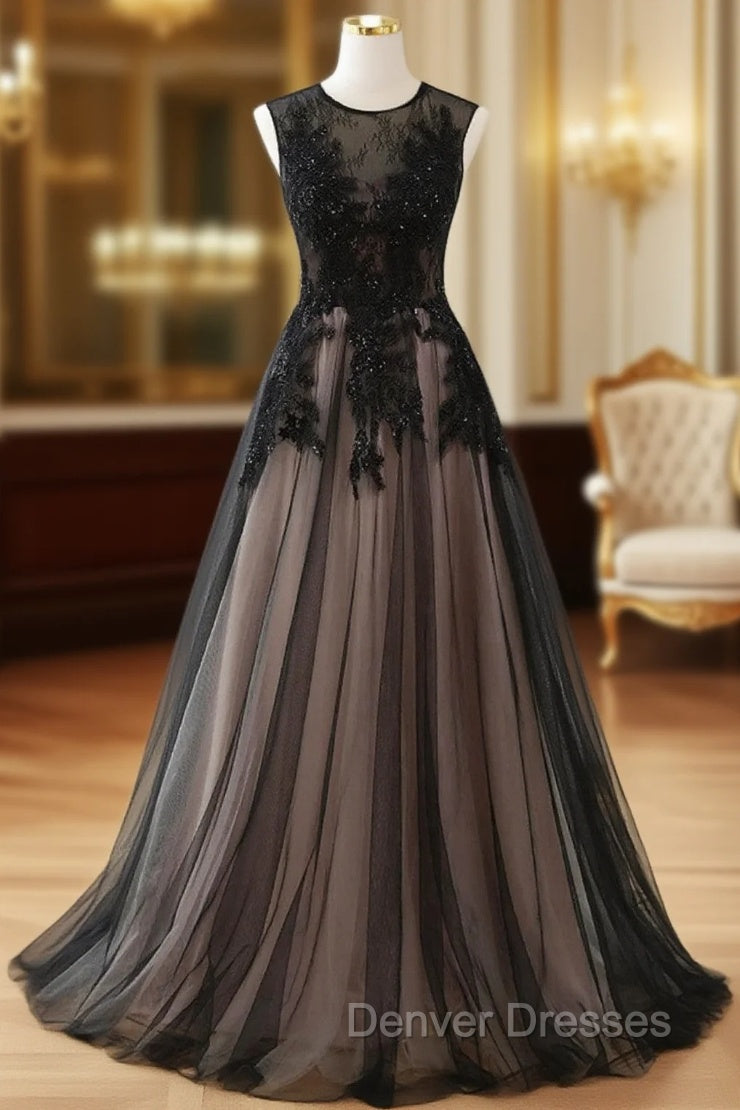 A-line Tulle with Lace Round Neckline Floor Length Party Dress, Black Prom Dress Main image