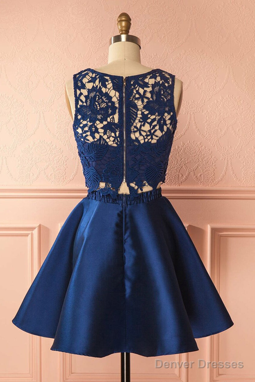 A-Line Two Piece Jewel Satin Homecoming Dresses With Lace Secondary image