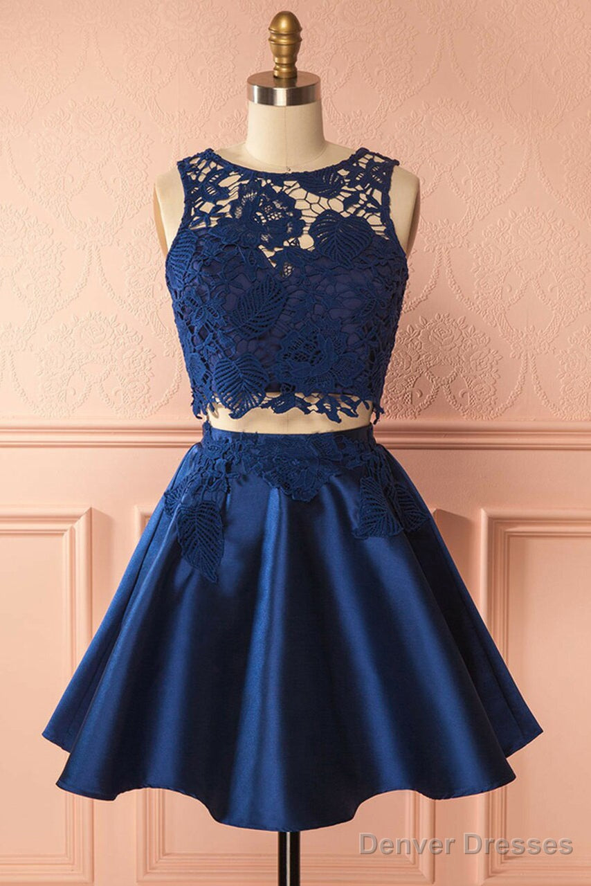 A-Line Two Piece Jewel Satin Homecoming Dresses With Lace Main image