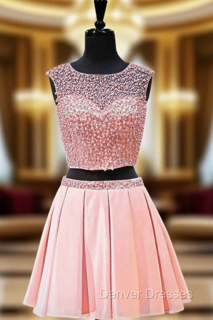 A-line Two Piece Short Pink Backless Short Homecoming Dress Main image