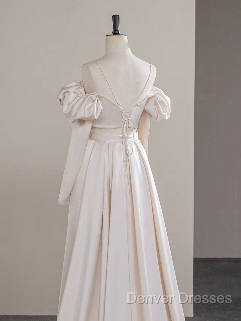 A-Line Two Pieces Satin Champagne Long Prom Dress, Champagne Formal Dress