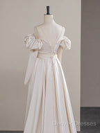 A-Line Two Pieces Satin Champagne Long Prom Dress, Champagne Formal Dress