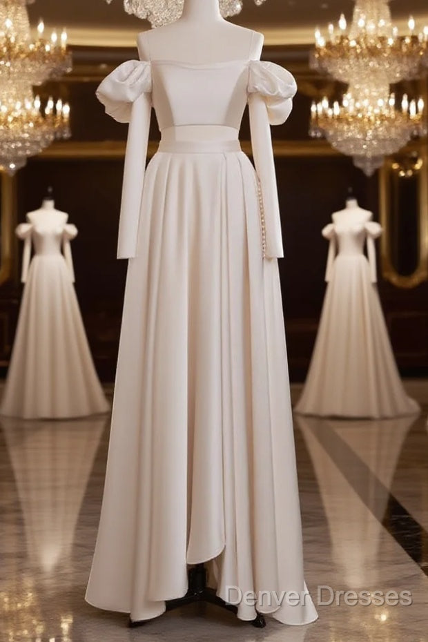 A-Line Two Pieces Satin Champagne Long Prom Dress, Champagne Formal Dress Main image