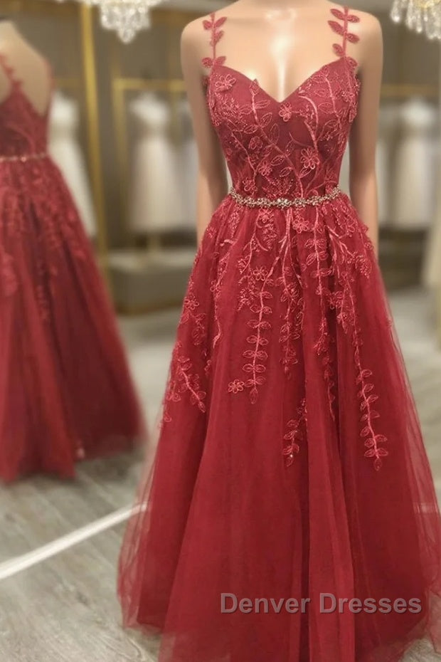 A Line V Neck and V Back Burgundy Lace Floral Long Prom Dress, Burgundy Lace Formal Evening Dress Main image