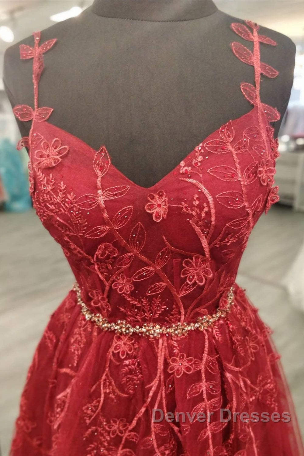 A Line V Neck and V Back Burgundy Lace Floral Long Prom Dress, Burgundy Lace Formal Evening Dress Secondary image