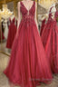 A Line V Neck and V Back Red Lace Floral Long Prom Dress, Open Back 3D Flowers Red Lace Formal Evening Dress
