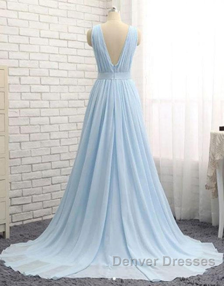 A Line V Neck and V Back Sky Blue Chiffon Long Prom Dress, V Neck Blue Formal Dress, Blue Evening Dress Secondary image