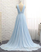 A Line V Neck and V Back Sky Blue Chiffon Long Prom Dress, V Neck Blue Formal Dress, Blue Evening Dress