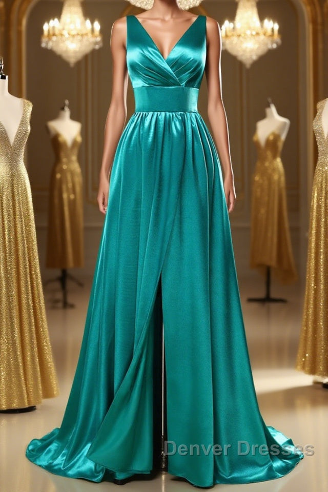 A Line V Neck and V Back Turquoise Long Prom Dress with Slit, Turquoise Formal Graduation Evening Dress Main image