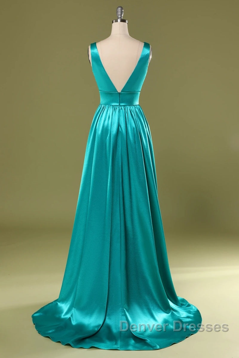 A Line V Neck and V Back Turquoise Long Prom Dress with Slit, Turquoise Formal Graduation Evening Dress Secondary image