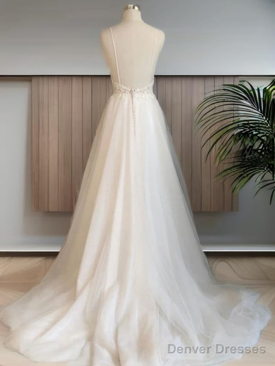 A-Line V-Neck Applique Sweep Train Tulle Wedding Dress Secondary image