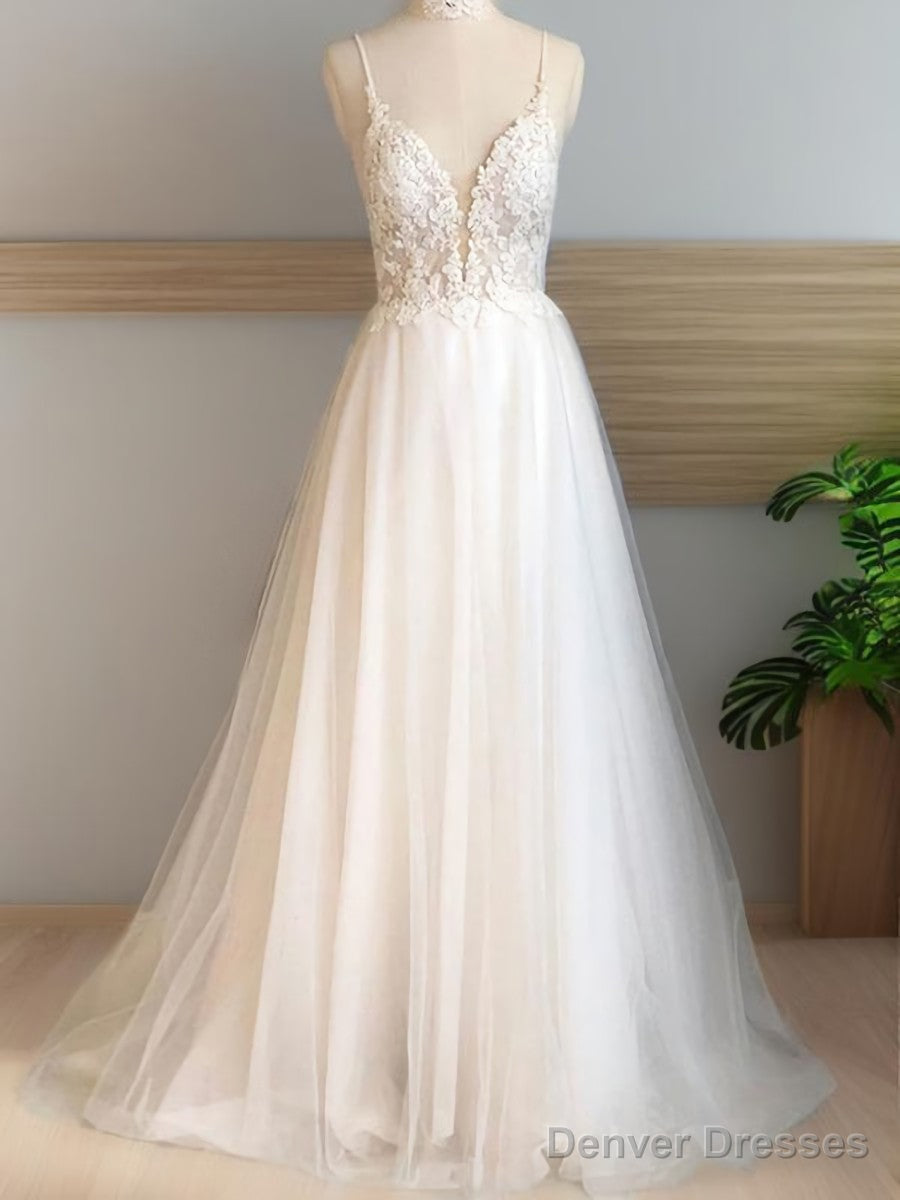A-Line V-Neck Applique Sweep Train Tulle Wedding Dress Main image
