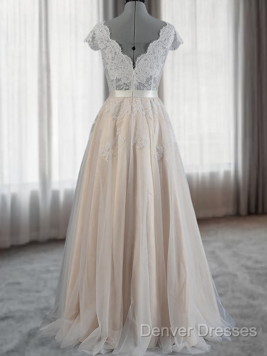 A-Line V-Neck Appliques Lace Floor-Length Lace Wedding Dress Secondary image