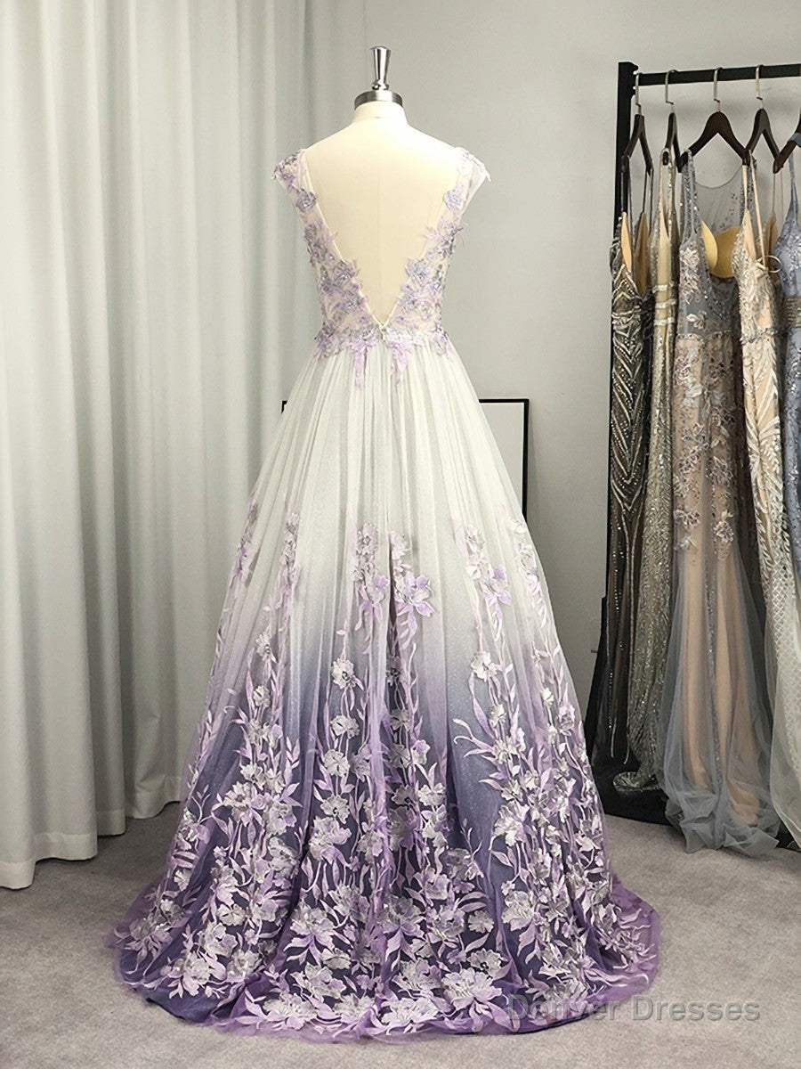 A-line V-neck Appliques Lace Floor-Length Tulle Dress Secondary image