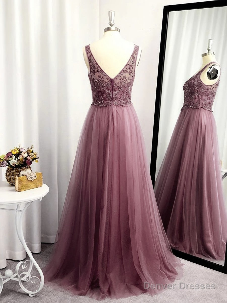A-line V-neck Appliques Lace Floor-Length Tulle Dress Secondary image