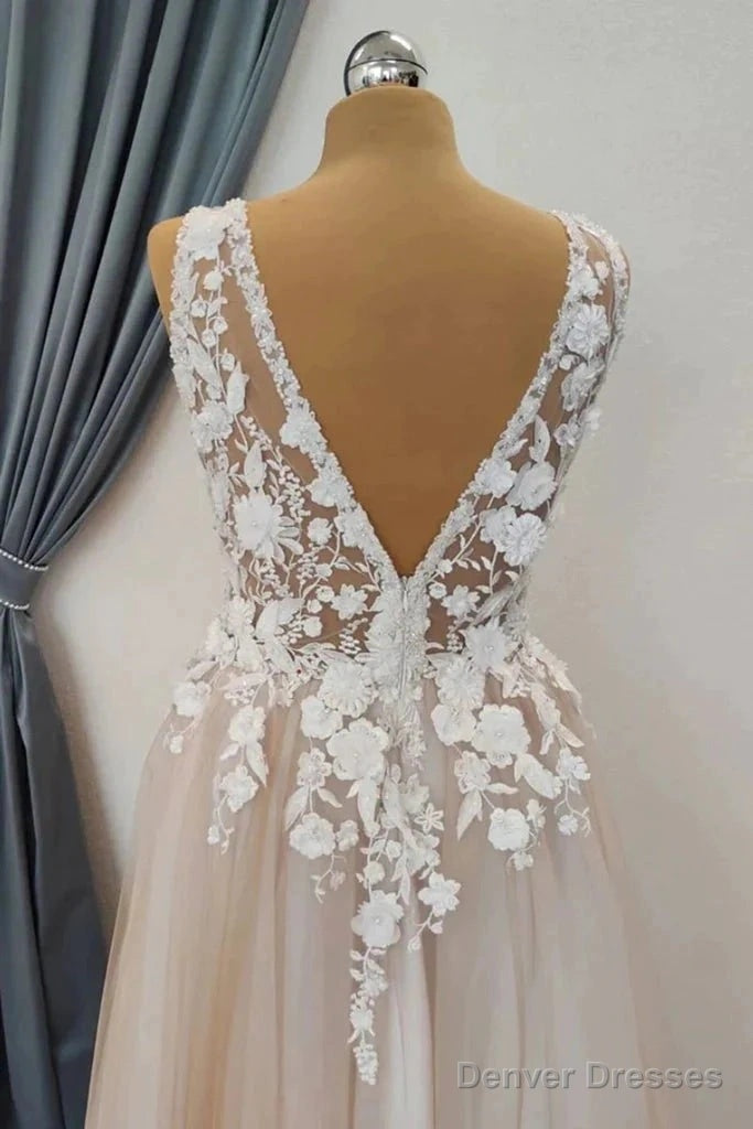 A Line V Neck Appliques White Lace Champagne Prom Dress, Champagne Lace Formal Graduation Evening Dress