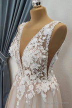 A Line V Neck Appliques White Lace Champagne Prom Dress, Champagne Lace Formal Graduation Evening Dress