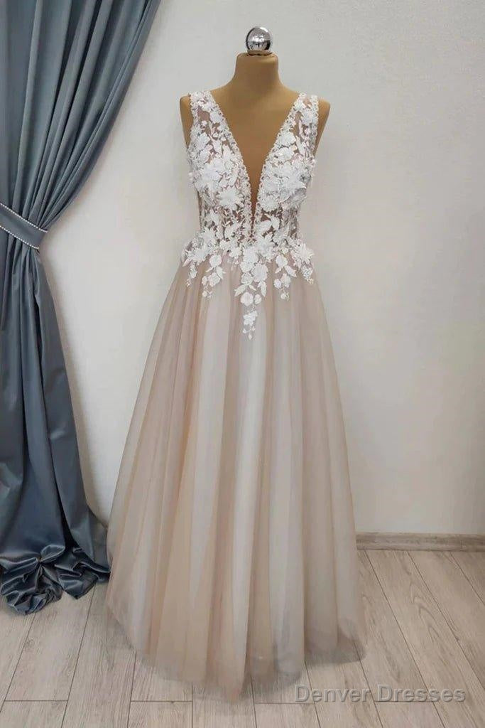 A Line V Neck Appliques White Lace Champagne Prom Dress, Champagne Lace Formal Graduation Evening Dress Main image