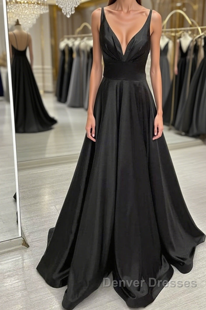 A Line V Neck Backless Black Long Prom Dress, V Neck Black Formal Dress, Backless Black Evening Dress
