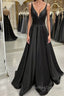 A Line V Neck Backless Black Long Prom Dress, V Neck Black Formal Dress, Backless Black Evening Dress