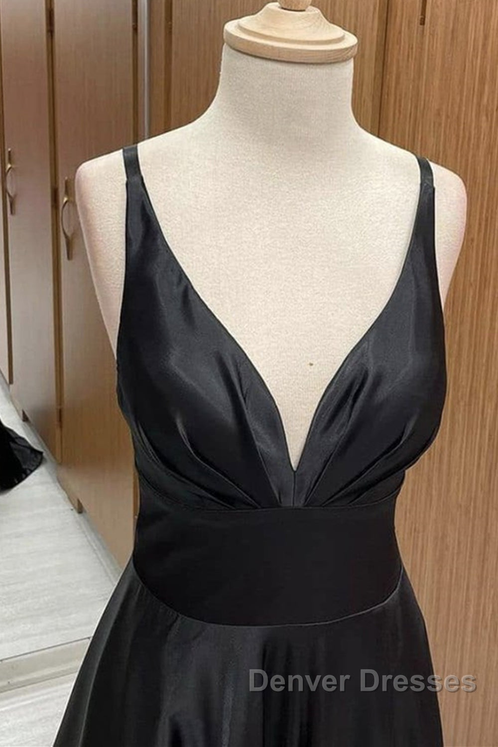 A Line V Neck Backless Black Long Prom Dress, V Neck Black Formal Dress, Backless Black Evening Dress