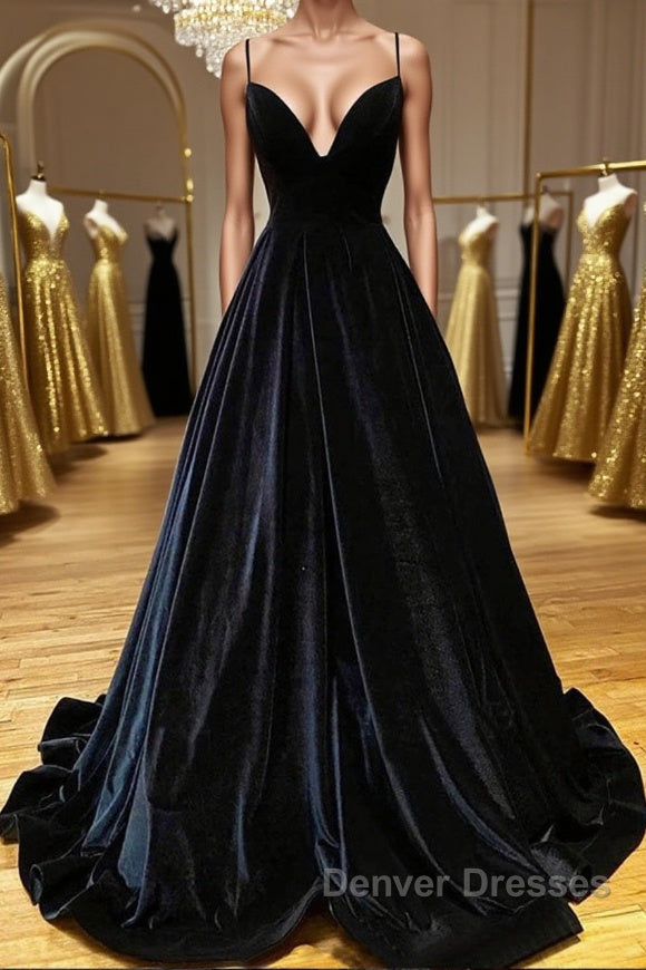 A Line V Neck Backless Black Velvet Long Prom Dress, V Neck Black Formal Dress, Black Velvet Evening Dress