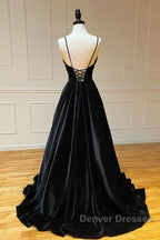 A Line V Neck Backless Black Velvet Long Prom Dress, V Neck Black Formal Dress, Black Velvet Evening Dress