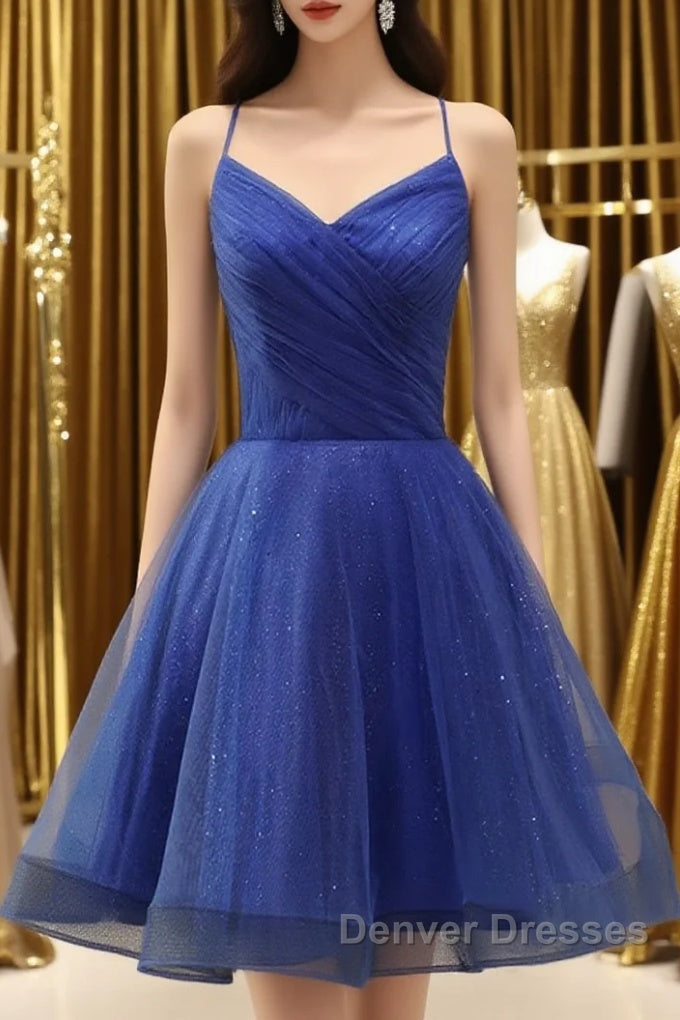 A Line V Neck Backless Blue Tulle Prom Dress, Backless Blue Homecoming Dress, Short Blue Formal Evening Dress Main image