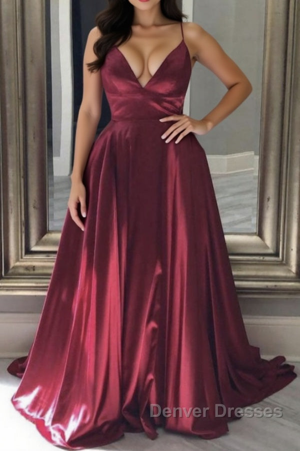 A Line V Neck Backless Burgundy Long Prom Dress, Backless Burgundy Formal Graduation Evening Dress Main image
