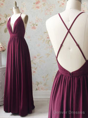 A Line V Neck Backless Burgundy Prom Dresses, V Neck Backless Burgundy Formal Bridesmaid Dresses