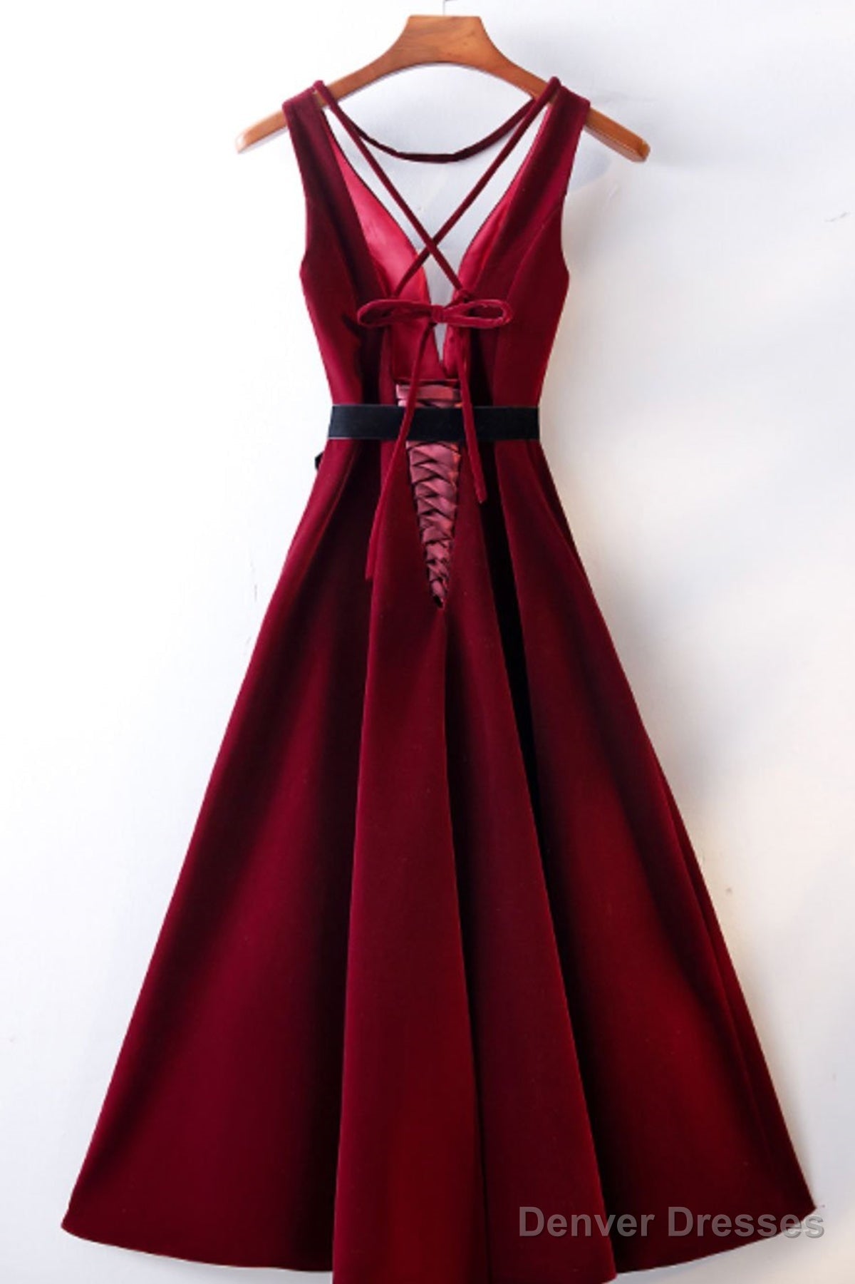A Line V Neck Backless Burgundy Tea Length Prom Dresses, Tea Length Burgundy Backless Formal Graduation Evening Dresses Secondary image