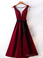 A Line V Neck Backless Burgundy Tea Length Prom Dresses, Tea Length Burgundy Backless Formal Graduation Evening Dresses