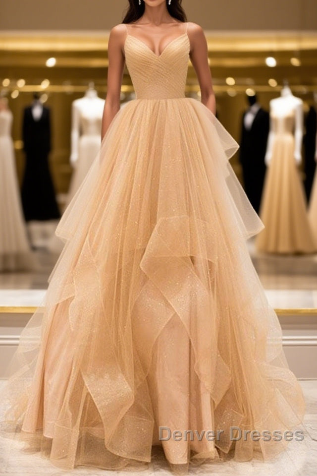 A Line V Neck Backless Champagne Long Prom Dress, V Neck Champagne Formal Dress, Champagne Evening Dress Main image