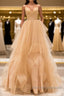 A Line V Neck Backless Champagne Long Prom Dress, V Neck Champagne Formal Dress, Champagne Evening Dress