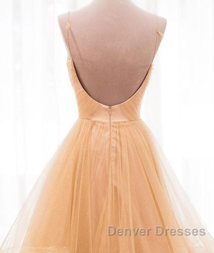 A Line V Neck Backless Champagne Long Prom Dress, V Neck Champagne Formal Dress, Champagne Evening Dress Secondary image