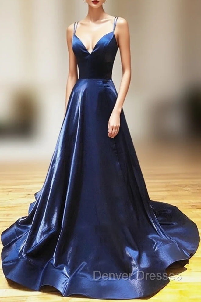 A Line V Neck Backless Dark Navy Blue Prom Dress, Open Back Navy Blue Formal Evening Dress Main image