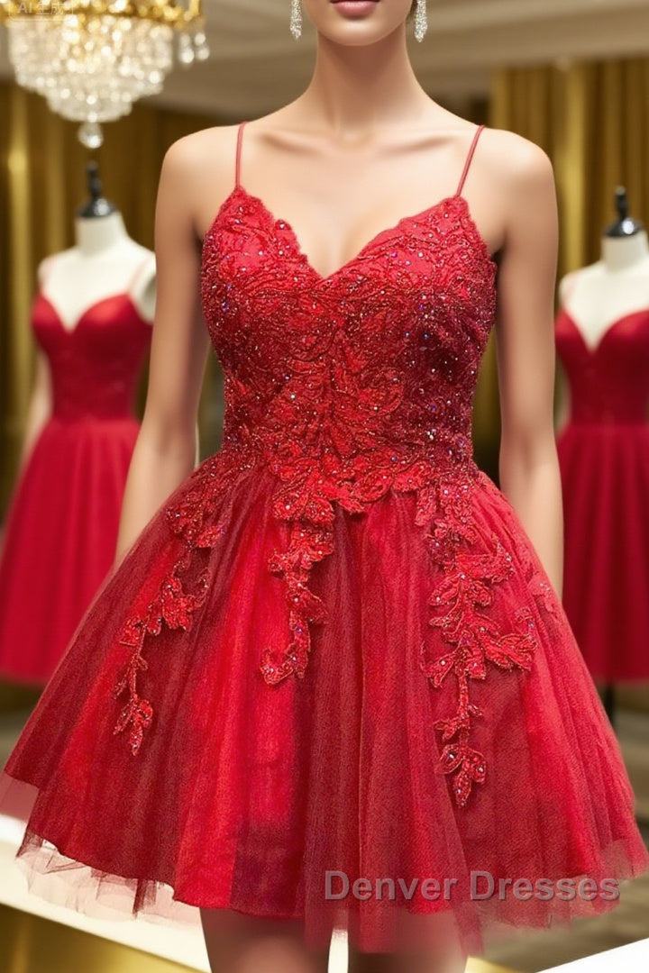 A Line V Neck Backless Lace Red Short Prom Dress Homecoming Dress, Backless Red Lace Formal Graduation Evening Dress