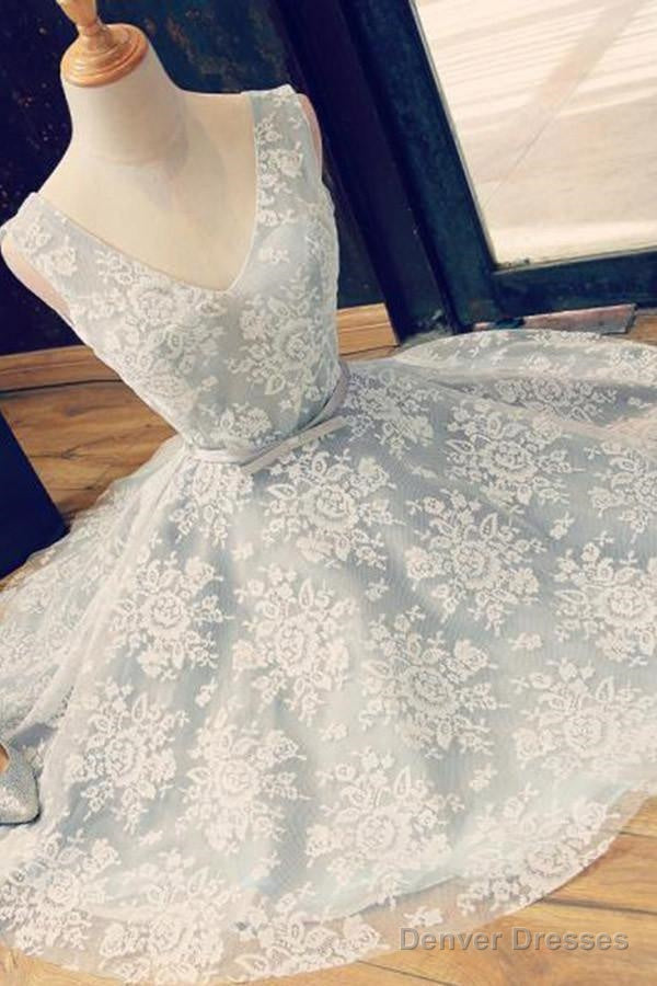 A-Line V-Neck Backless Light Blue Lace Homecoming Dress With Belt Main image