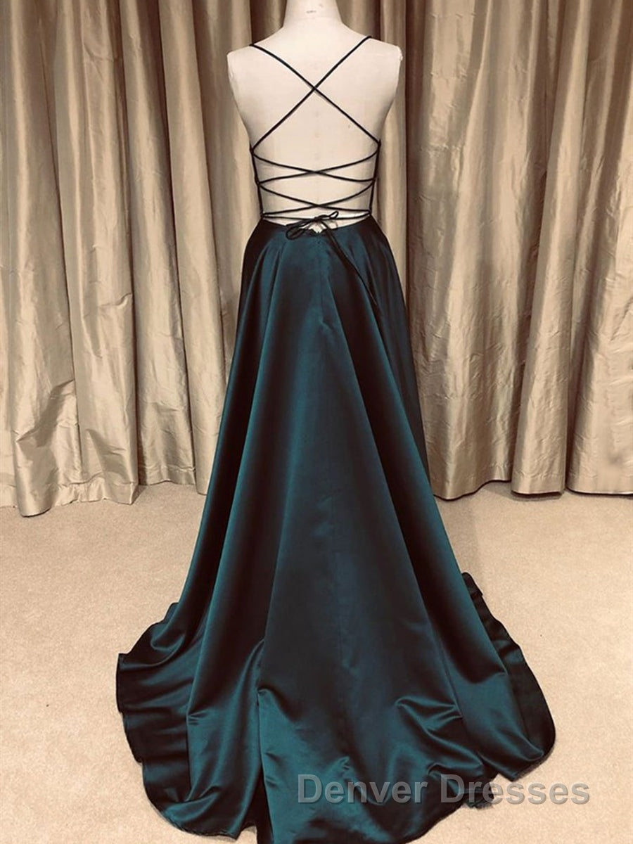 A Line V Neck Backless Long Prom Dress Simple Dark Green Formal Evening Gowns Secondary image