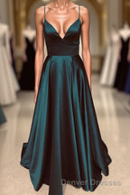 A Line V Neck Backless Long Prom Dress Simple Dark Green Formal Evening Gowns