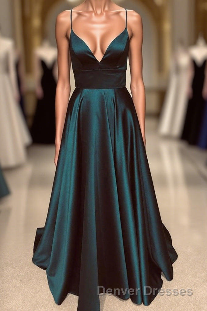 A Line V Neck Backless Long Prom Dress Simple Dark Green Formal Evening Gowns