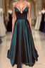 A Line V Neck Backless Long Prom Dress Simple Dark Green Formal Evening Gowns