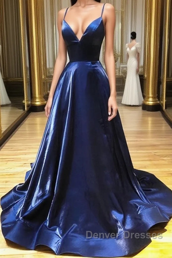 A Line V Neck Backless Navy Blue Prom Dress, Open Back Navy Blue Formal Evening Dress Main image