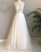 A Line V Neck Backless White Lace Prom Dresses, Backless White Lace Wedding Dress, Lace Bridesmaid Dresses