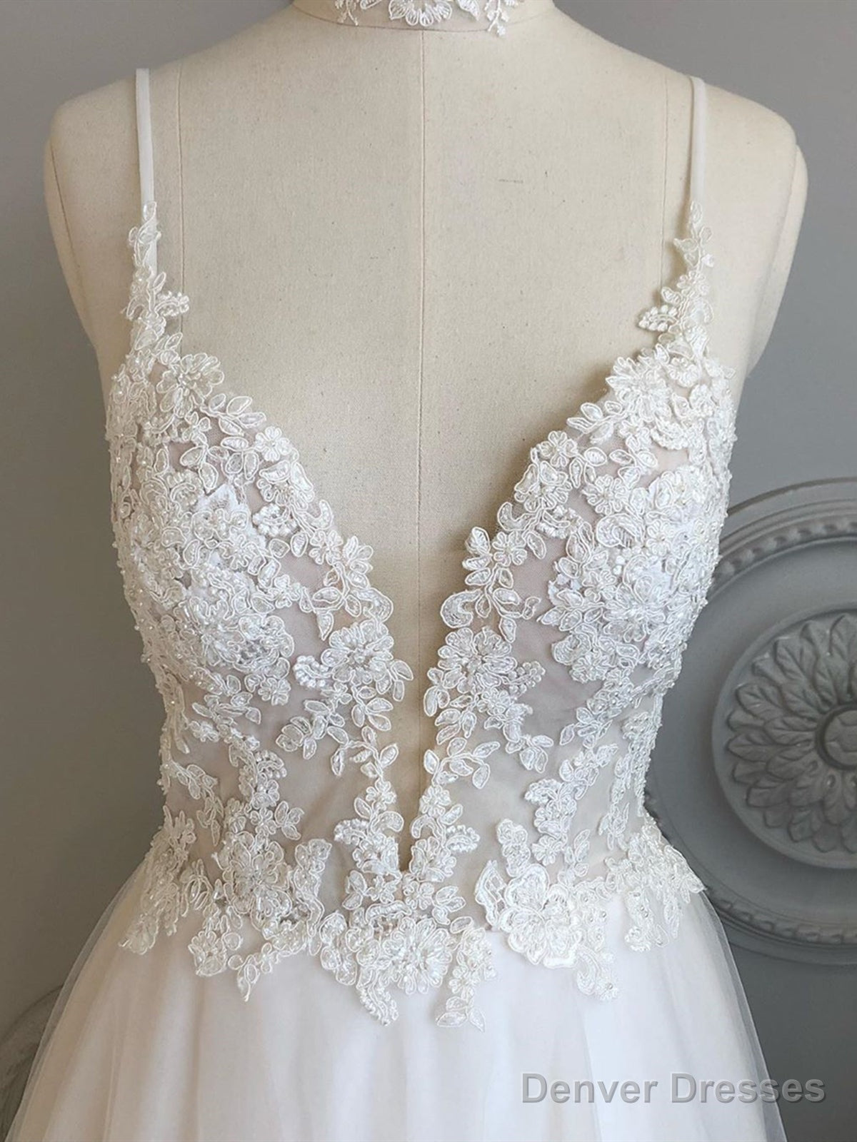 A Line V Neck Backless White Lace Prom Dresses, Backless White Lace Wedding Dress, Lace Bridesmaid Dresses Main image
