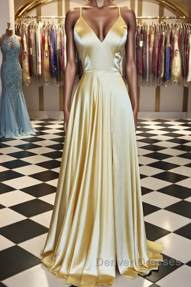 A Line V Neck Backless Yellow Satin Long Prom Dress, Yellow Backless Formal Dress, Yellow Evening Dress Main image