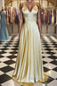 A Line V Neck Backless Yellow Satin Long Prom Dress, Yellow Backless Formal Dress, Yellow Evening Dress
