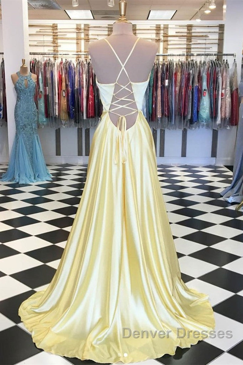 A Line V Neck Backless Yellow Satin Long Prom Dress, Yellow Backless Formal Dress, Yellow Evening Dress