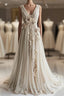 A-Line V-Neck Beaded Chiffon Long Prom Dress, Vintage Applique Wedding Dress