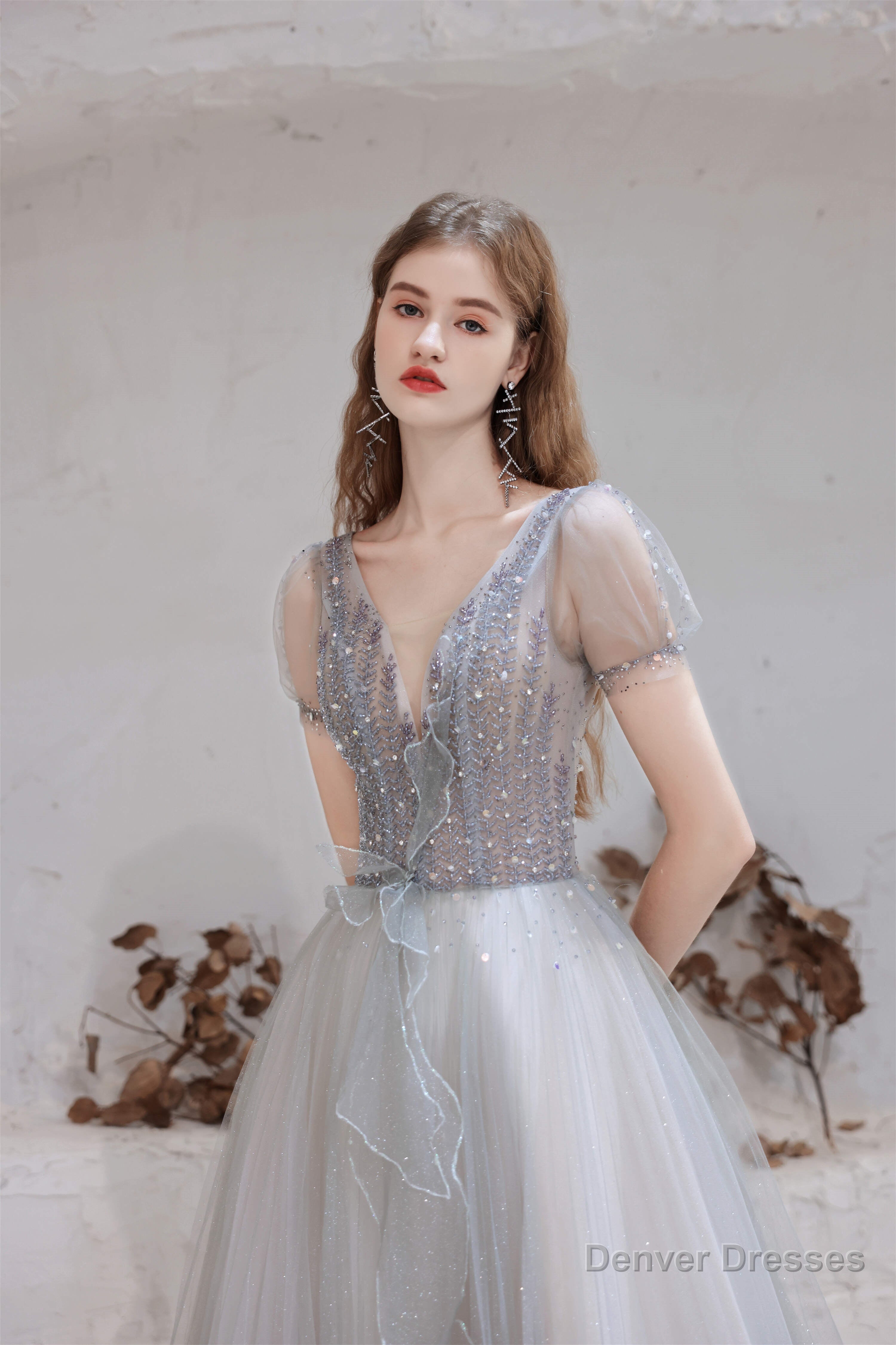 A Line V-Neck Beaded Floor Length Prom Dresses With Short Sleeves Secondary image